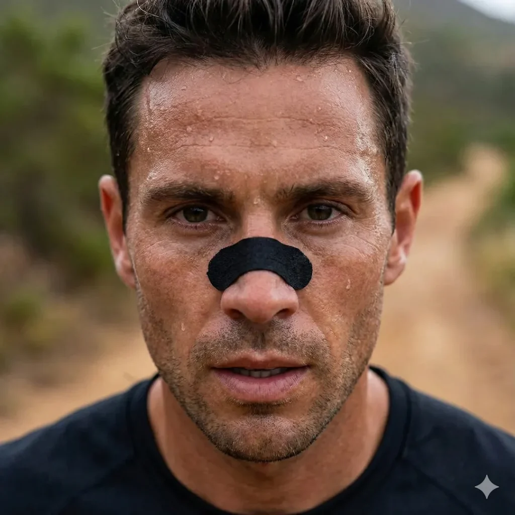 Nærbillede af en svedende løber der bruger markedets bedste næsestrips til sport