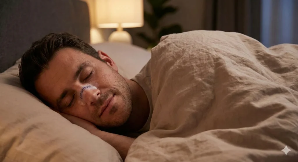 Mand der sover dybt og roligt med Clearflow næsestrips mod snorken for bedre restitution