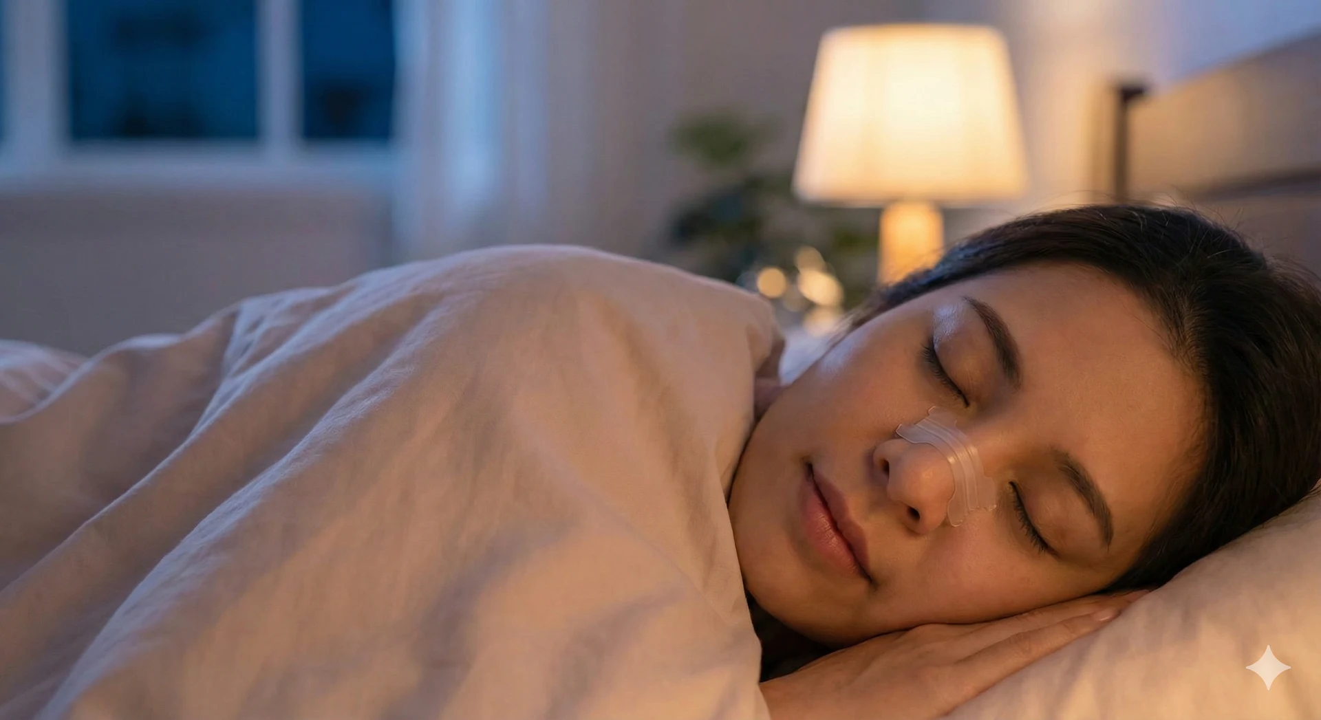 Afslappet person der sover med næsestrips mod snorken for at optimere iltoptagelse og søvnkvalitet